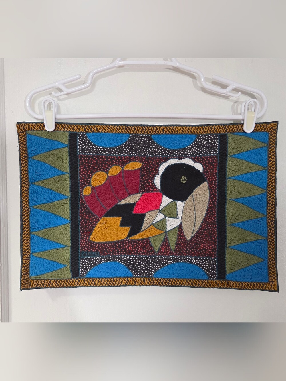 Colourful South African Kaross Hand Embroidery Wall Art. Bird, geometric 11 x 15